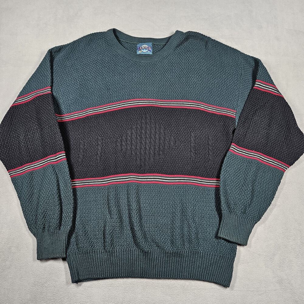Vtg Jantzen Sweater‎ Mens Large Green Black Colorblock Pullover Grandpa USA 90s